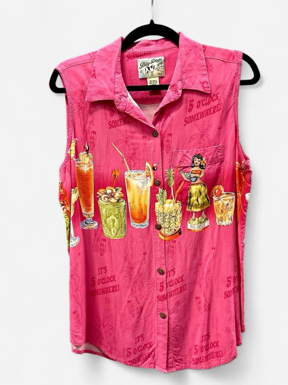 Women’s Vintage 90s Big Dogs Novelty Sleeveless Hot Pink Hawaiian Shirt